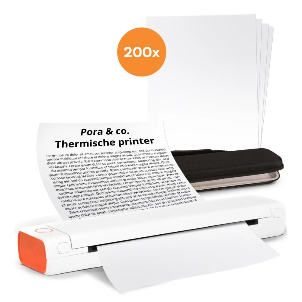 Pora&Co - Thermal Printer - Portable Printer A4 - Draagbare Printer A4 - Incl. 200 Vellen + Draagtas - Afdrukken met Telefoon of Computer - Thermische Printer - Wit/Oranje