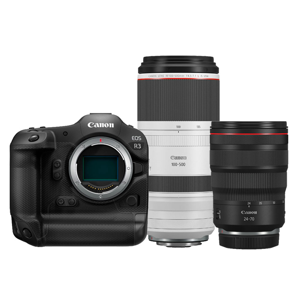 Canon EOS R3 body + RF 24-70mm f/2.8L IS USM + RF 100-500mm f/4.5-7.1L IS USM